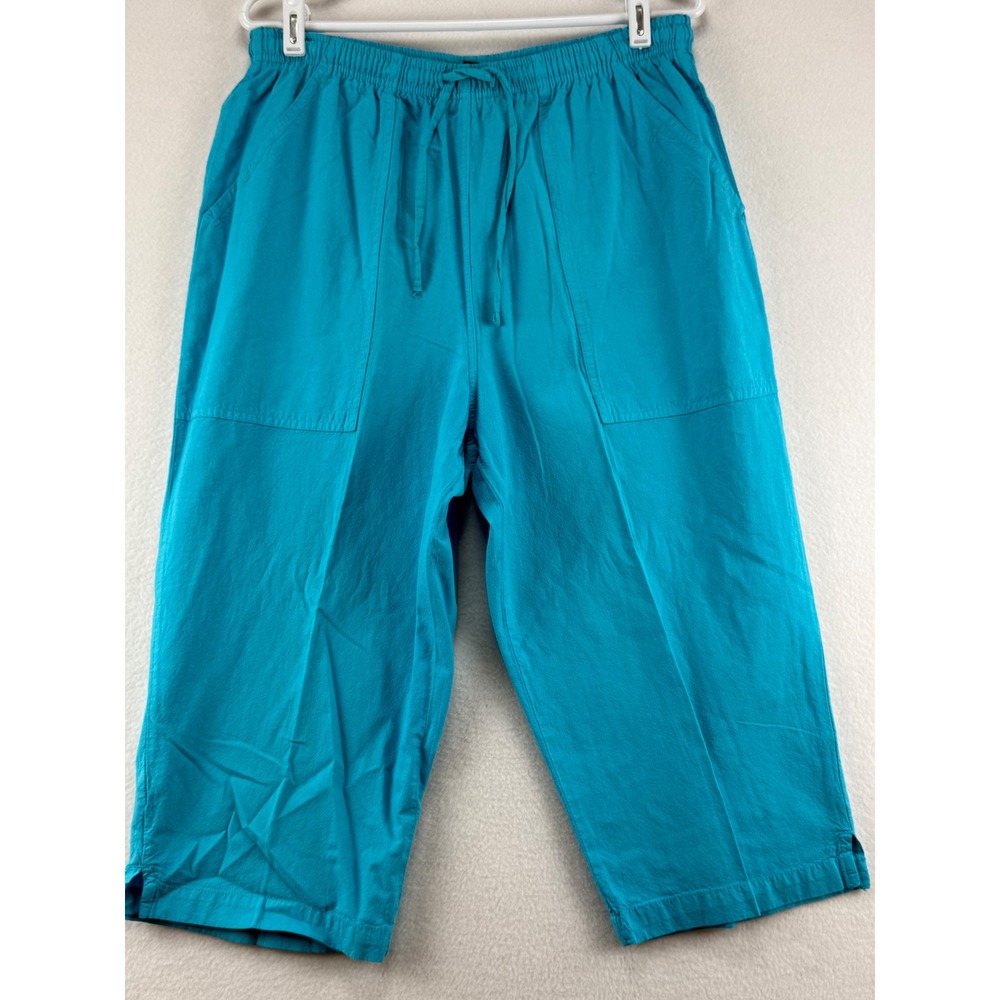 Erika Capri Pants Womens Large Turquoise Blue Cotton Elastic Waist Drawstring